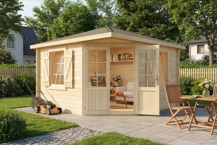 Eck-Gartenhaus aus Holz mit Fensterläden und verglaster Doppeltür, aufgestellt in einem gepflegten Garten mit Rasen, Terrasse und Gartenmöbeln.