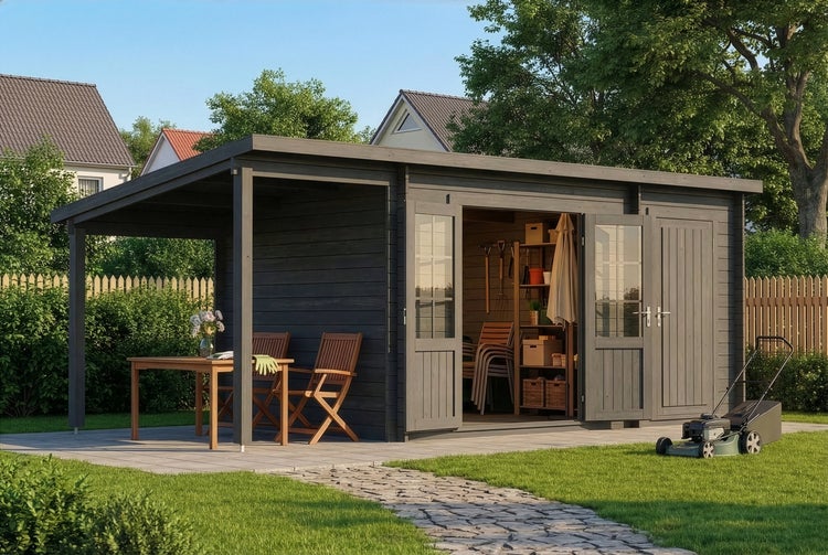 Modernes Gartenhaus aus Holz mit Flachdach und Schleppdach. Geöffnete Doppeltüren zeigen den Stauraum. Holztisch und Stühle stehen unter dem Vordach.