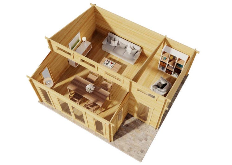 Holzgartenhaus mit Fenstern und Türen