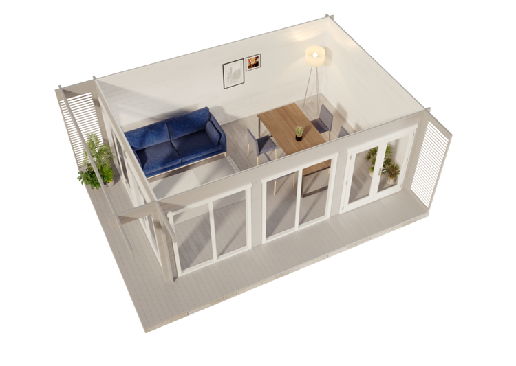 Moderner Gartenhaus-Innenraum mit weißen Holzwänden, blauem Sofa, Essbereich und großen Glastüren, die auf eine graue Holzterrasse führen.