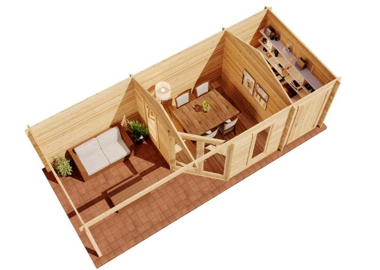 Alpholz 5-Eck Gartenhaus Liwa mit Anbau aus Holz in Imprägnierung Pinie mit 28mm Wandstärke und Überdachter Terasse