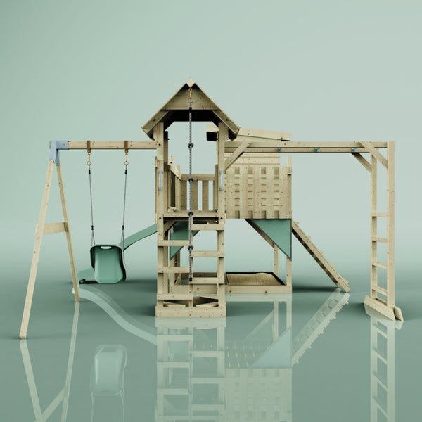 Holzspielturm mit Schaukel, Rutsche, Kletterwand und Sandkasten