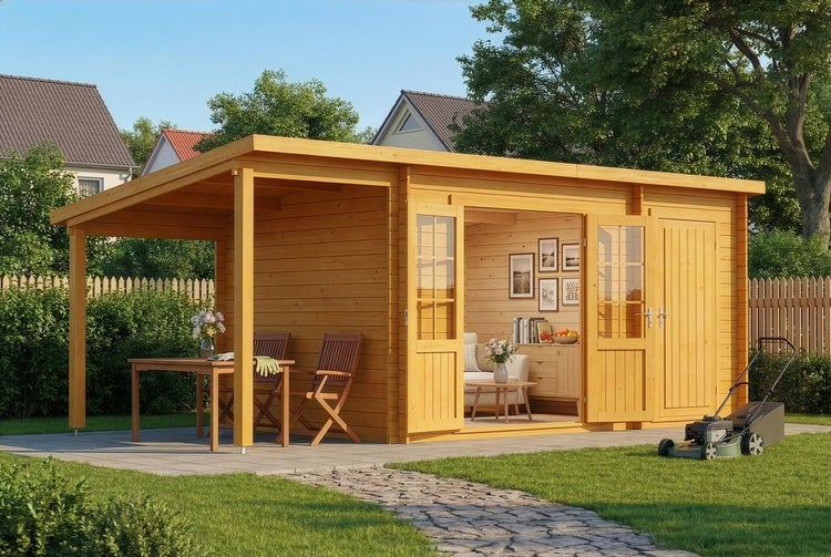 Modernes Gartenhaus aus Holz mit Flachdach, überdachter Terrasse, Doppeltür mit Glaselementen und separatem Geräteraum in einem gepflegten Garten.