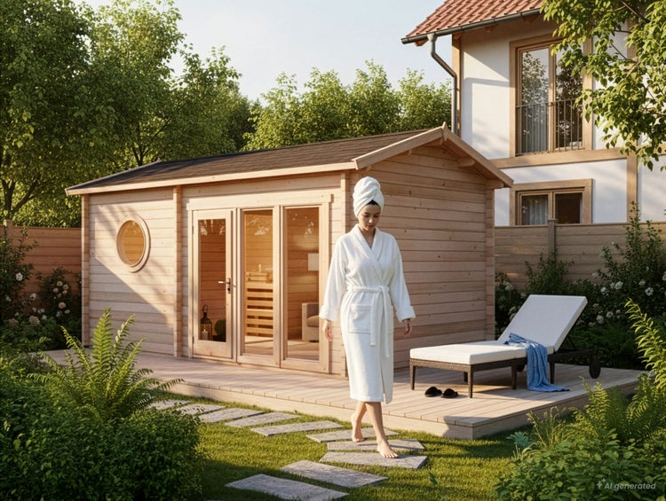 Gartensauna aus Holz im Außenbereich mit Glasfront und runden Fenstern auf einer Holzterrasse mit einer Frau im Bademantel im Vordergrund