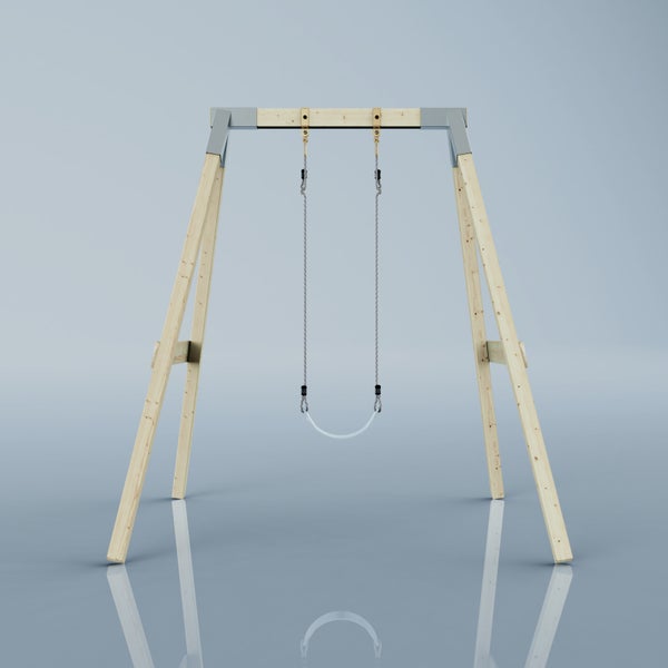 Schaukelgestell aus Holz mit einer Einzelschaukel und Metallverbindungen.