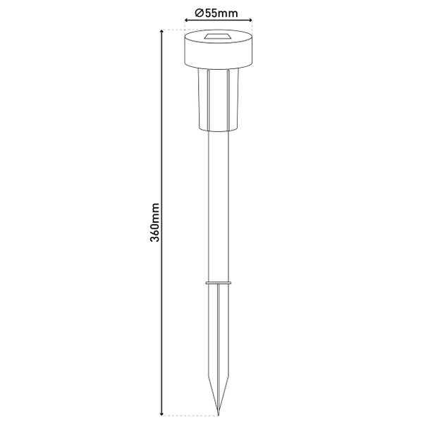 Illustration einer Solarleuchte mit Erdspieß und den Maßen 55 mm Durchmesser und 360 mm Länge.