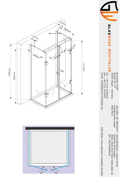 Technische Zeichnung einer Duschkabine mit Maßangaben