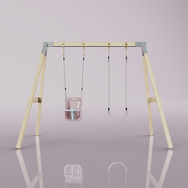 Kinderschaukel aus Holz mit A-Gestell und einem Babysitz.