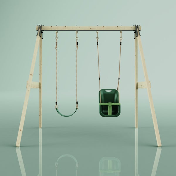 Doppelschaukel aus Holz mit einem flexiblen Schaukelsitz und einem grünen Babysitz an Seilen.