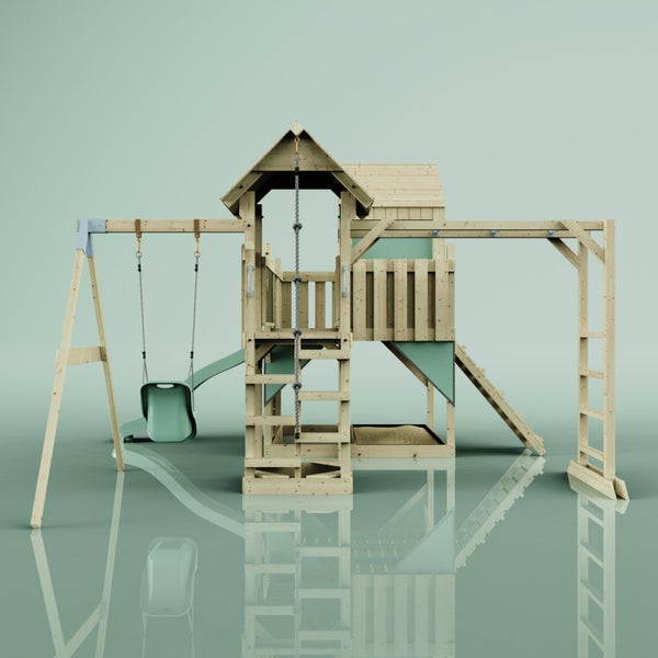 Spielplatz mit Schaukel, Rutsche, Sandkasten, Kletterseil und Leiter