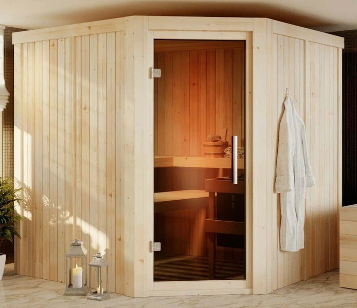 FinnTherm Innensauna Ina mit Eckeinstieg aus Holz Innensauna mit 68 mm Wandstärke Saunakabine Infrarotsauna