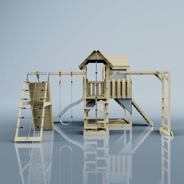Spielplatz mit Rutsche, Schaukel und Kletterwand aus Holz