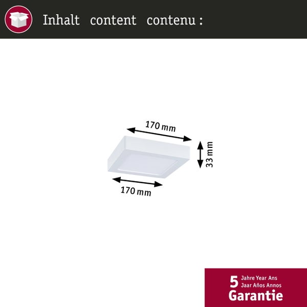 Technische Datenblatt für LED Einbauleuchte mit 13 Watt 1130 Lumen IP44 Schutzart und Abmessungen für Deckenmontage von Paulmann Licht.