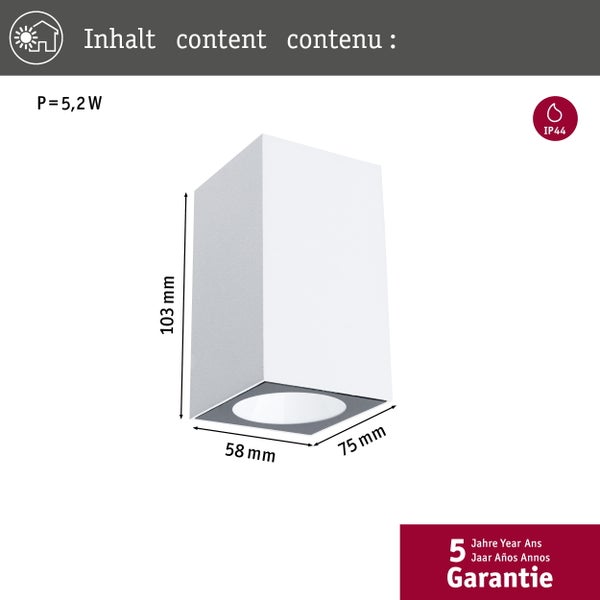 Quadratische LED Wandleuchte mit 5,2 Watt Leistung und Schutzart IP44, Maße 103 x 75 x 58 Millimeter inklusive 5 Jahre Garantie