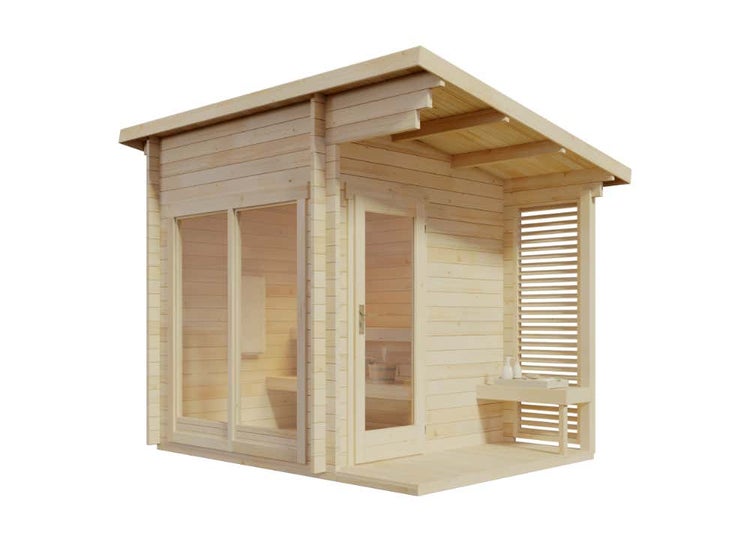 Gartensauna aus Holz mit Pultdach, großer Glasfront, Einzeltür und überdachtem Vorbau mit seitlichem Sichtschutz.