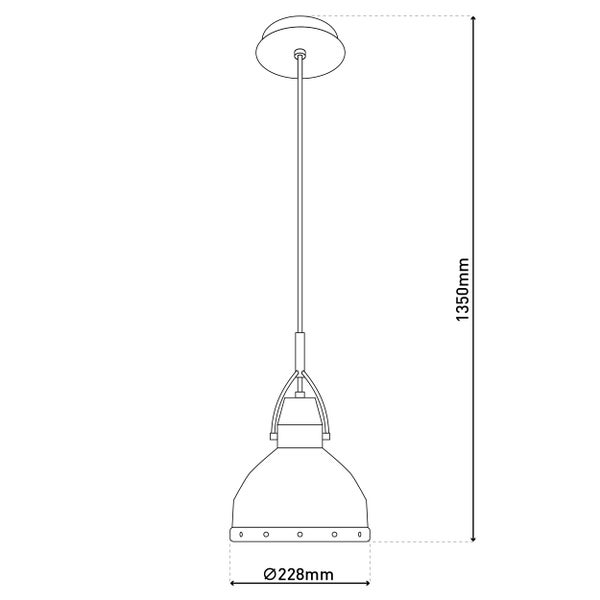 Technische Zeichnung einer Pendelleuchte mit den Maßen 228 mm Durchmesser und 1350 mm Höhe.