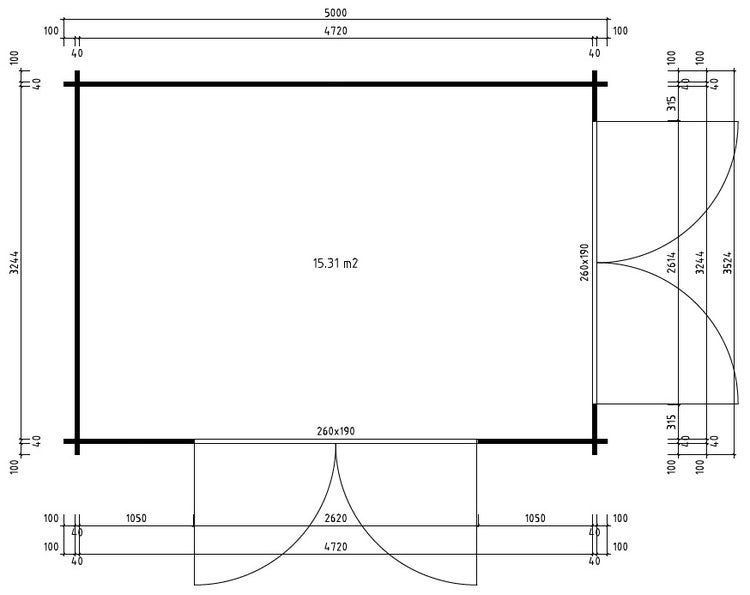 Grundriss eines Gartenhauses mit 15,31 Quadratmetern Grundfläche, Außenmaßen von 5000 mal 3244 Millimetern und zwei Doppeltüren.