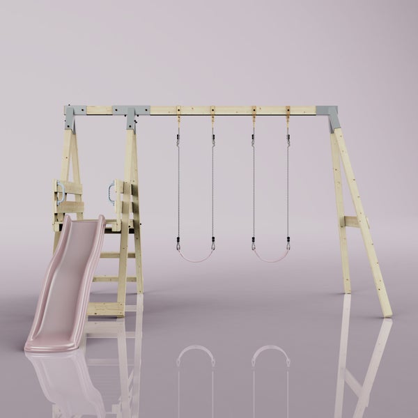 Holz-Spielgerät mit zwei Schaukeln und einer rosa Wellenrutsche.