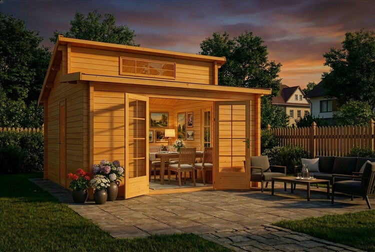 Modernes Gartenhaus aus Holz mit offener Doppeltür, beleuchtetem Innenraum, Steinterrasse mit Lounge-Möbeln und Blumenkübeln bei Abendstimmung.