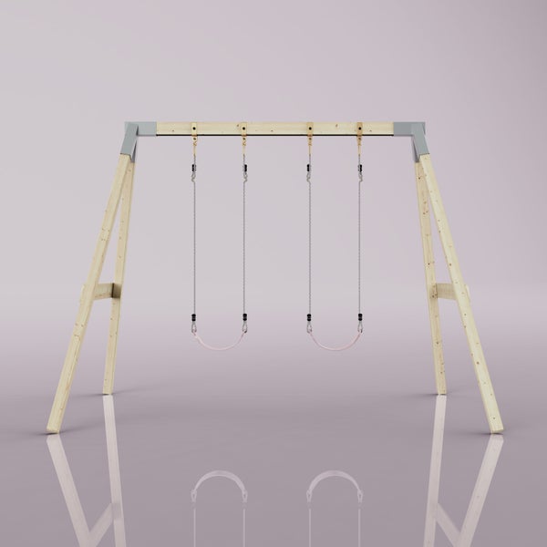 Doppelschaukel aus Holz mit zwei rosa Sitzen und Metallketten.