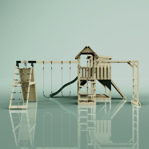 Spielplatz aus Holz mit Schaukeln, Rutsche, Kletterwand und Spielturm für den Garten