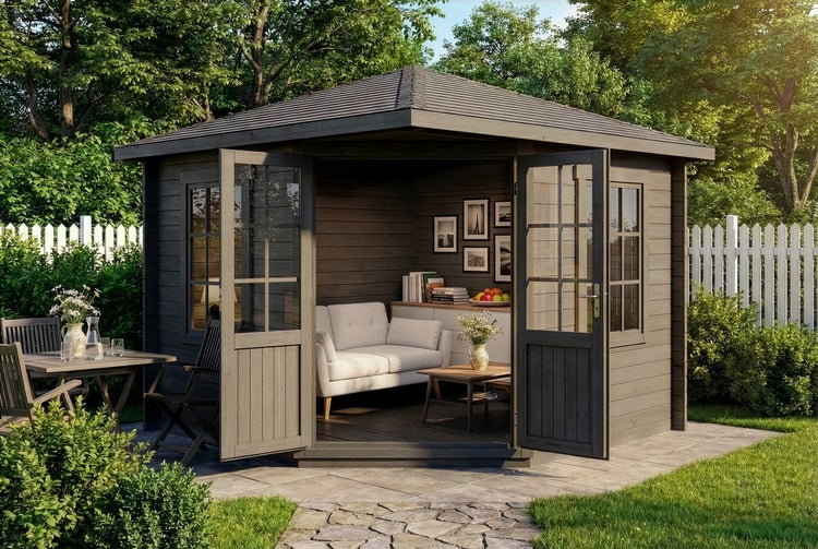 Gartenpavillon mit offenstehenden Türen, Sofa und Tischgruppe im Garten