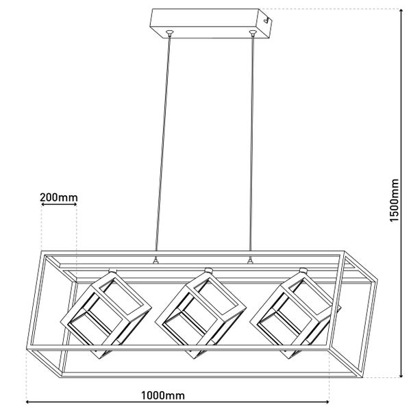 LED-Hängeleuchte mit drei Würfeln in einem rechteckigen Rahmen, dimmbar