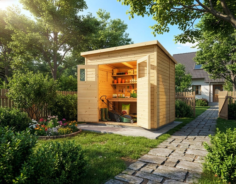 Offenes Gartenhaus aus Holz mit Regalen, Rasenmäher und Werkzeugen in einem hellen, organisierten Garten mit Steinweg.