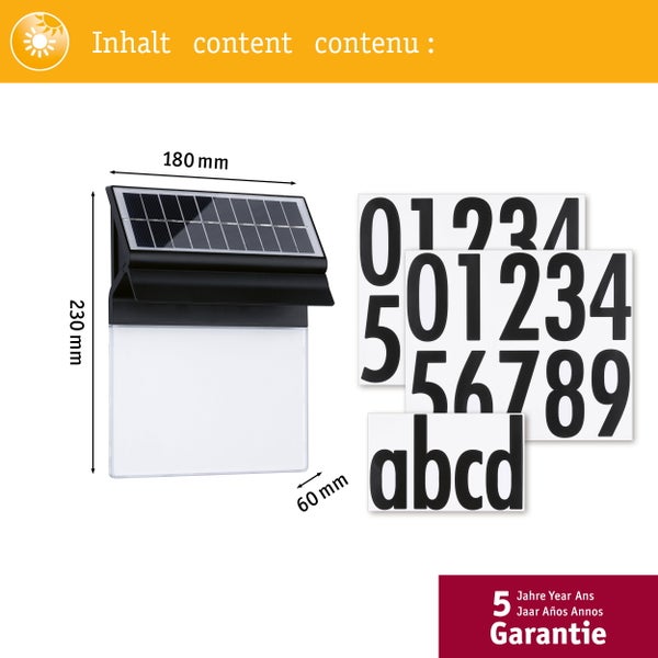 Solar Hausnummernleuchte mit LED Beleuchtung, spritzwassergeschützt, inklusive Akku und Ziffernset.