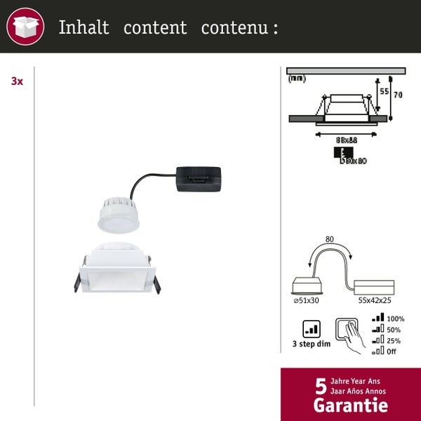 Set mit drei LED Einbaustrahlern inklusive technischer Zeichnung und Darstellung der dreistufigen Dimmfunktion sowie Hinweis auf fünf Jahre Garantie.