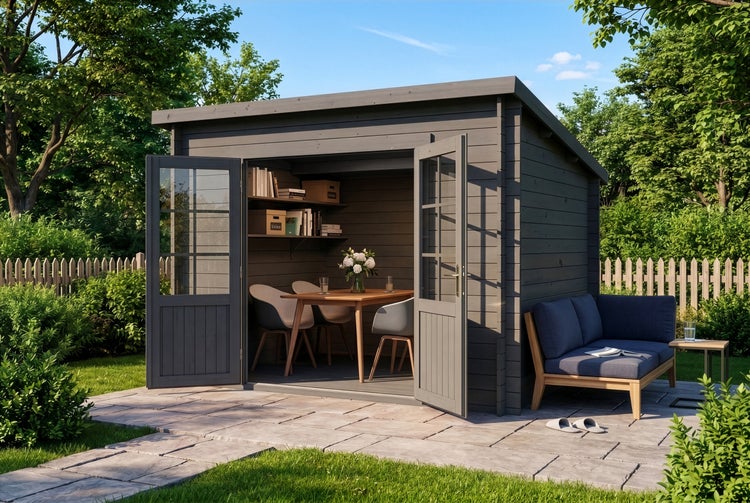 Modernes Gartenhaus aus Holz mit Flachdach und weit geöffneten Doppeltüren, eingerichtet mit Tisch und Stühlen in einem grünen Garten.