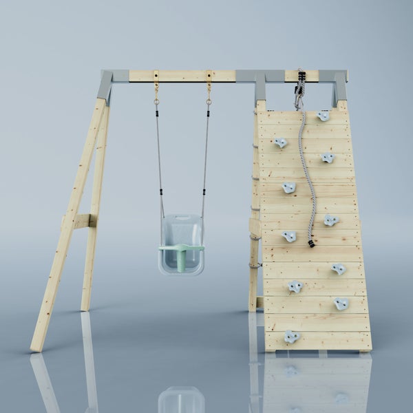 Schaukelgestell aus Holz mit einer Kleinkindschaukel, einer Kletterwand mit Griffen und einem Klettertau.