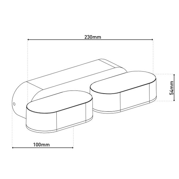 Technische Zeichnung einer Badezimmerleuchte mit den Maßen 230 mm Breite, 100 mm Tiefe und 54 mm Höhe.