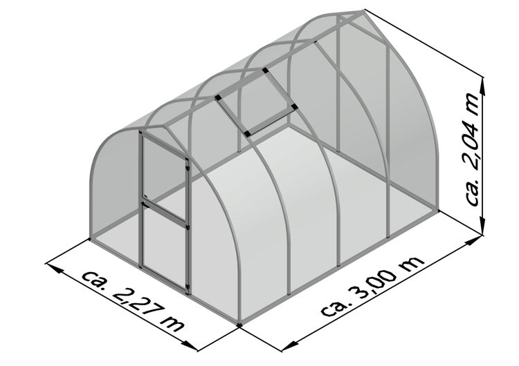 Gewächshaus mit den Maßen circa 2,27 Meter Breite, 3,00 Meter Länge und 2,04 Meter Höhe, ausgestattet mit einer Tür und einem Dachfenster.