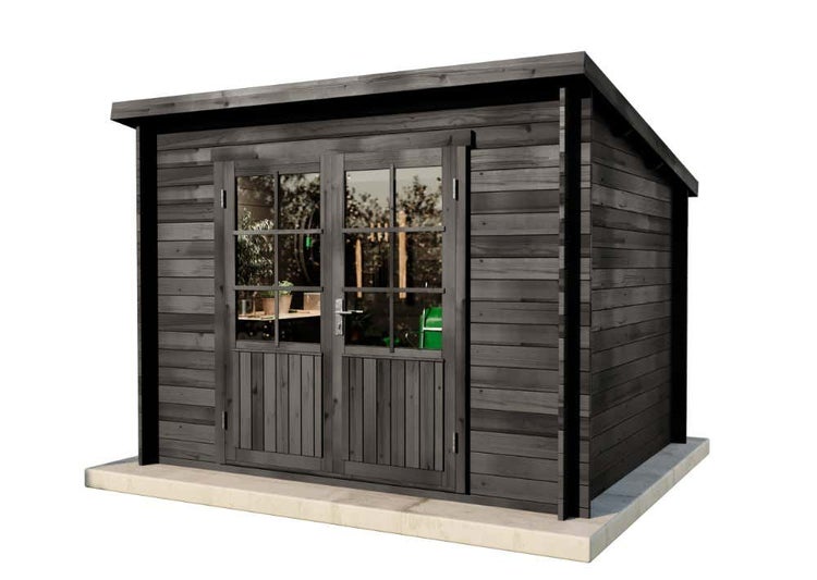 Gartenhaus aus Holz mit Pultdach und Doppeltür inklusive Fenstern in Anthrazit.