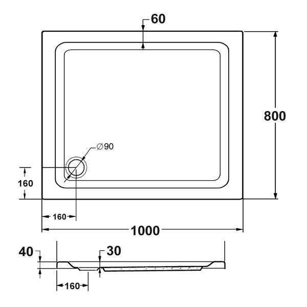 Technische Zeichnung einer Duschwanne mit Maßangaben