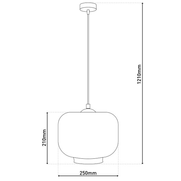 Technische Zeichnung einer Pendelleuchte mit den Maßen 210 mm Höhe, 250 mm Durchmesser und 1210 mm Gesamthöhe.