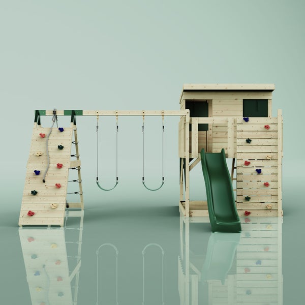 Spielturm aus Holz mit erhöhtem Spielhaus, Rutsche, Doppelschaukel, Kletterwand und Sandkasten.