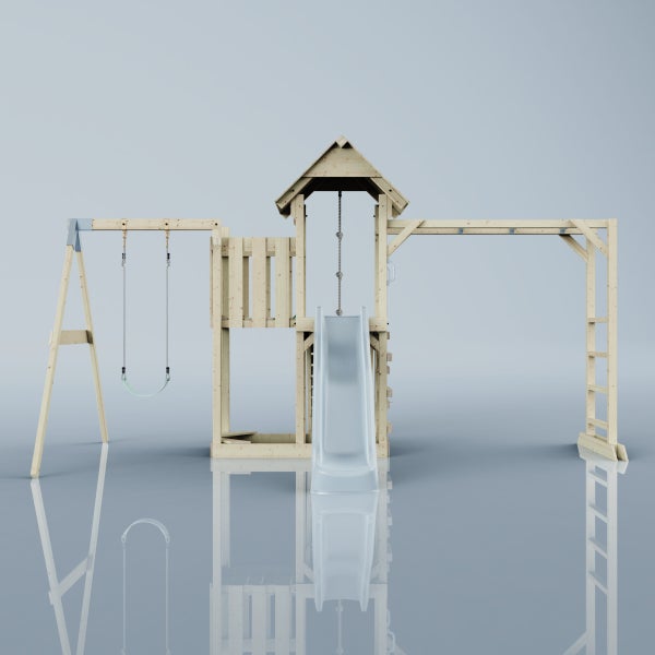 Spielplatz mit Schaukel, Rutsche und Klettergerüst aus Holz