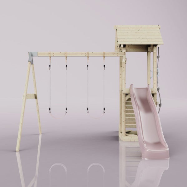 Spielplatz mit Schaukel und Rutsche aus Holz