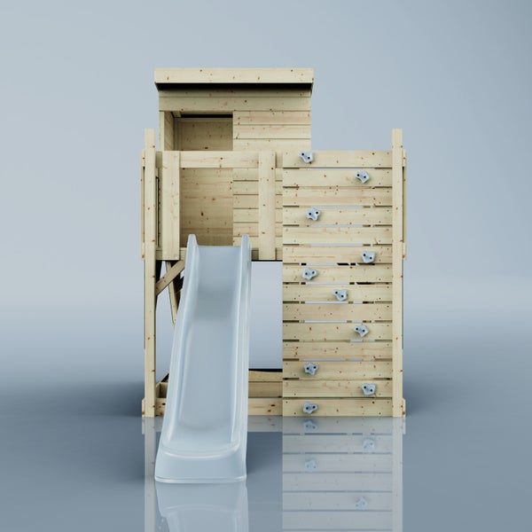 Kletterturm aus Holz mit Rutsche, Kletterwand und Spielhaus für Kinder.