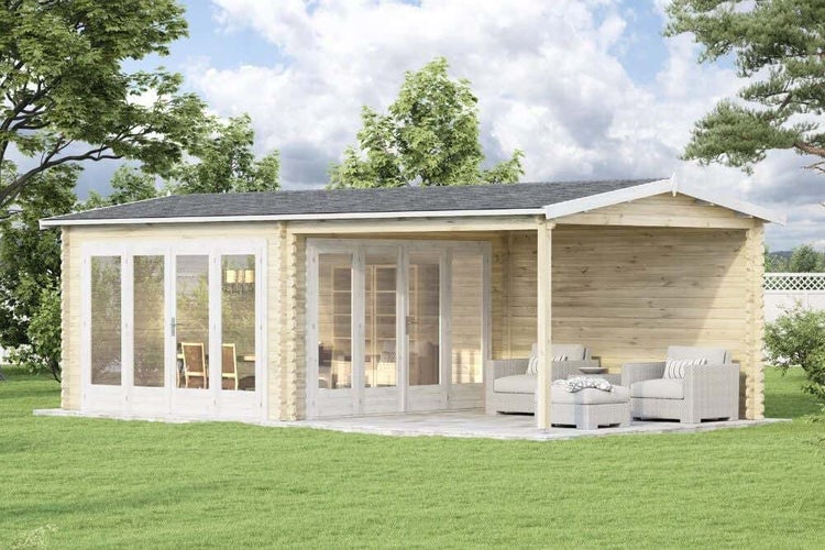 Schnittansicht eines hölzernen Gartenhauses mit zwei Bereichen: einem Innenraum mit Esstisch und einem überdachten Außenbereich mit Lounge-Möbeln.