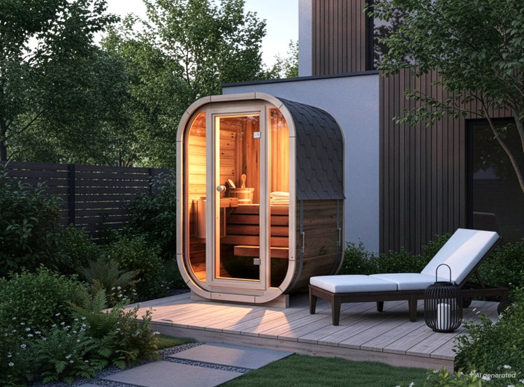 Moderne ovale Außensauna aus Holz mit verglaster Front auf einer Holzterrasse im Garten neben einer Sonnenliege.