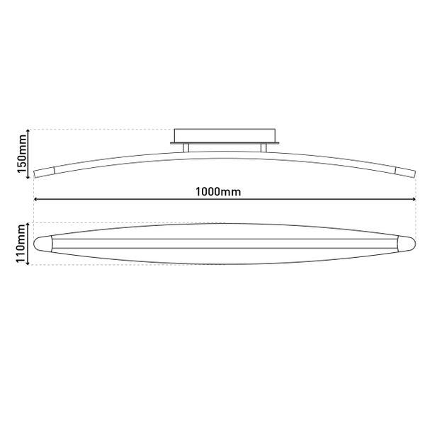 Technische Zeichnung einer Deckenleuchte mit den Maßen 1000 mm Länge und 150 mm Höhe