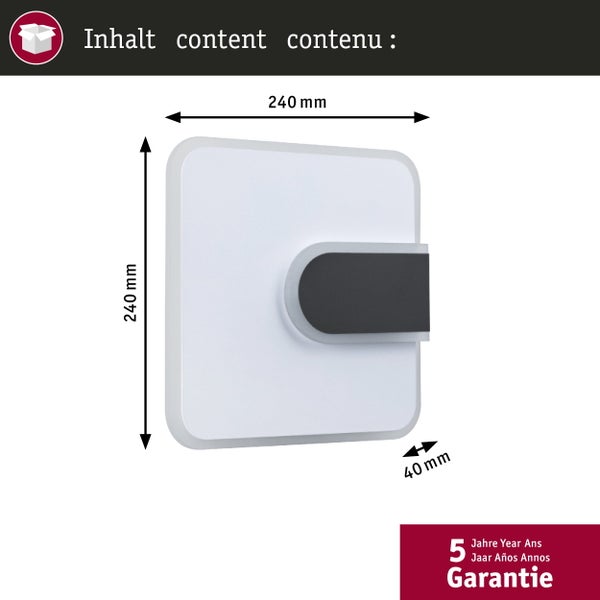Quadratische LED Wandleuchte mit Maßangaben von 240 mal 240 mal 40 Millimetern und 5 Jahre Garantie.