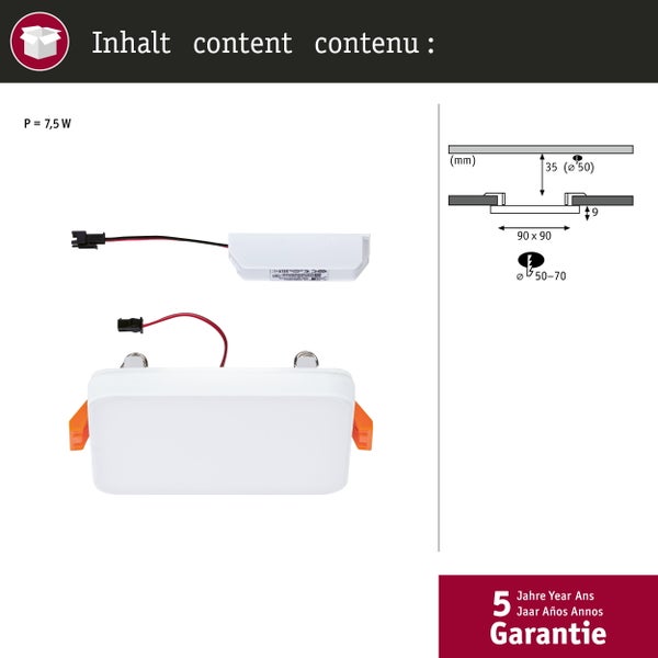 Set aus 20 LED Einbaustrahlern mit technischen Angaben zu Abmessungen, Leistung und Montage fuer Deckeninstallation.