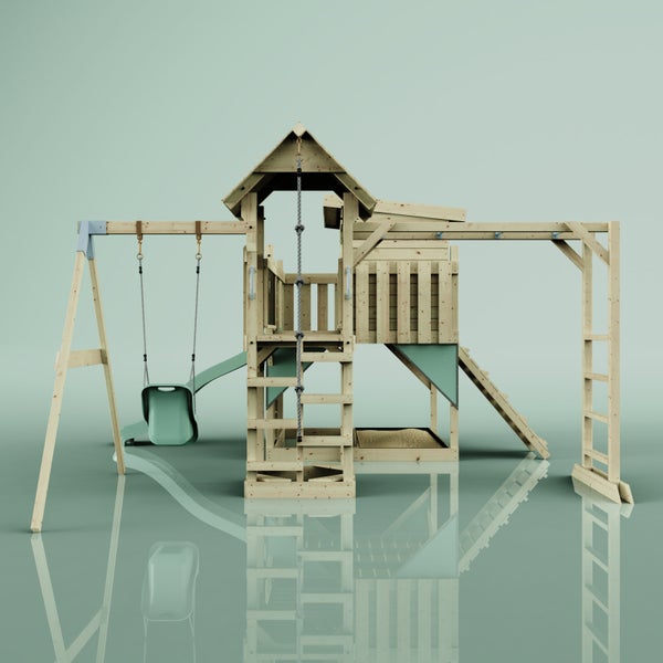 Holzspielturm mit Schaukel, Rutsche, Kletterwand und Sandkasten