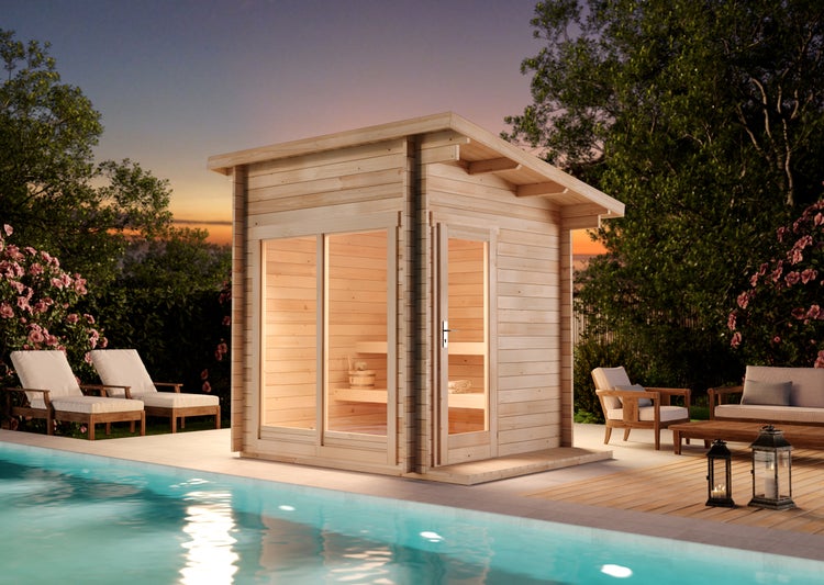 Sauna Interieur mit Holzbänken und optionalem Zubehör wie LED-Leuchten und Fernbedienung