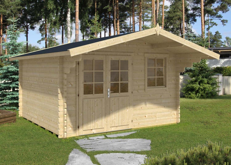 Alpholz Gartenhaus Erki-44 B ISO Gartenhaus aus Holz in natur, Holzhaus mit 44 mm Wandstärke, Blockbohlenhaus mit Montagematerial imprägniert 3,8x3,8m