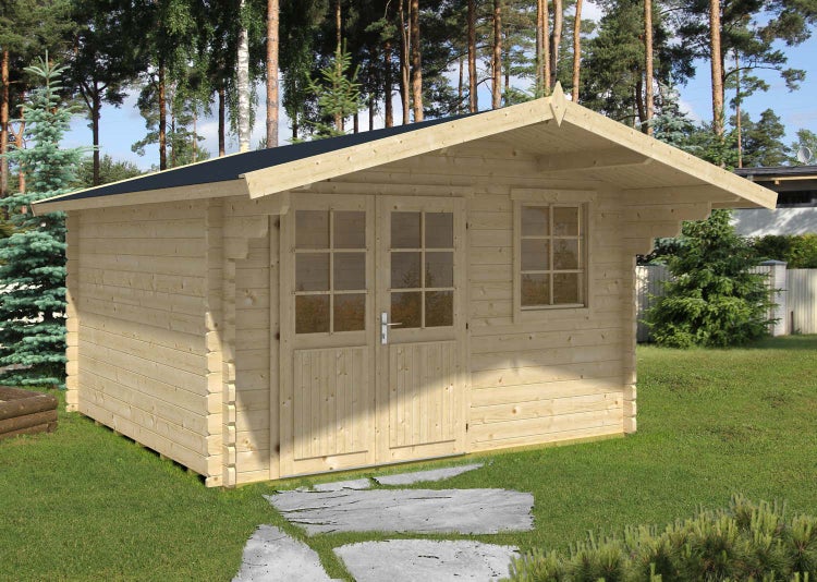 Alpholz Gartenhaus Erki-44 B ISO Gartenhaus aus Holz in natur, Holzhaus mit 44 mm Wandstärke FSC zertifiziert, Blockbohlenhaus mit Montagematerial imprägniert